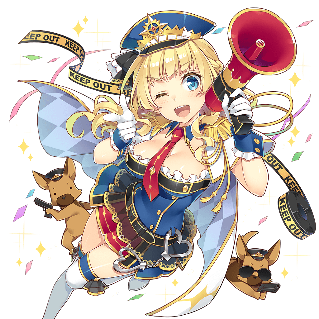 ;d amelie_mcgregor animal argyle belt blonde_hair blue_eyes boots braid breasts cape cleavage clothed_animal confetti dog epaulettes french_braid gloves gold_trim gun handgun hat holding long_hair looking_at_viewer medium_breasts megaphone mmu necktie official_art one_eye_closed open_mouth peaked_cap pointing police police_dog police_hat police_uniform policewoman round_teeth skirt smile solo tape teeth thigh_boots thighhighs transparent_background uchi_no_hime-sama_ga_ichiban_kawaii uniform wavy_hair weapon white_gloves white_legwear