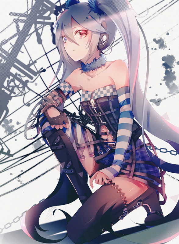 bananaxcs7 bare_shoulders belt_boots blue_hair boots buckle chain checkered checkered_skirt collarbone elbow_gloves fingerless_gloves gloves hatsune_miku headphones heterochromia kneeling long_hair pale_skin project_diva_(series) project_diva_x shorts shorts_under_skirt sketch skirt skull_and_crossbones solo strap thighhighs twintails very_long_hair vocaloid