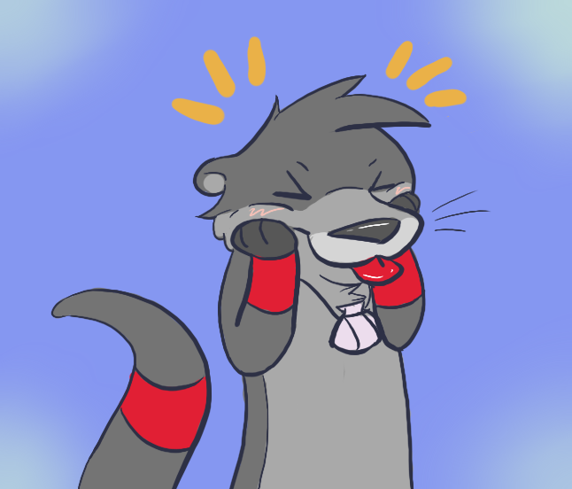 2017 3_fingers anthro arm_markings biped cute daww digital_media_(artwork) eyes_closed front_view fur grey_fur grey_nose grey_tail half-length_portrait head_tuft jazzotter jazzotter_(artist) jewelry male mammal markings multicolored_fur multicolored_tail mustelid necklace nude otter pendant portrait red_fur red_markings red_tail red_tongue simple_background solo standing tail_markings tongue tongue_out two_tone_tail whiskers