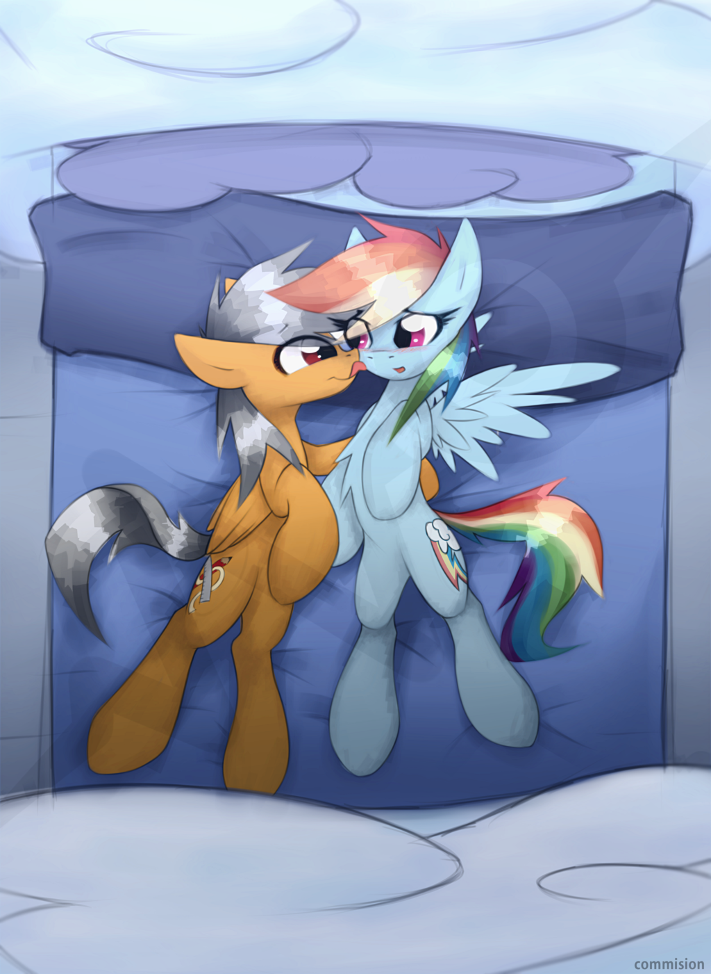 blue_feathers blue_fur brown_feathers brown_fur cutie_mark duo equine fan_character feathers featureless_crotch female friendship_is_magic fur grey_hair hair hooves lying mammal my_little_pony pegasus queenbloodysky rainbow_dash_(mlp) tongue wings