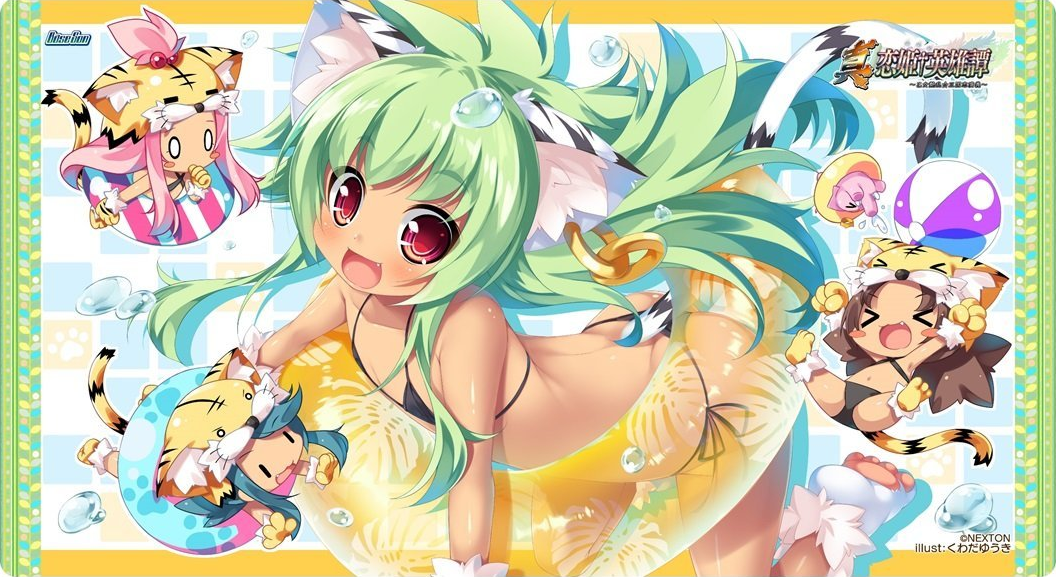 &gt;_&lt; :3 all_fours animal_ears arms_up ass ball beachball bikini black_bikini blush_stickers brown_hair cat_ears cat_tail clenched_hands closed_eyes earrings fake_animal_ears fang flat_chest gloves green_hair hair_bobbles hair_ornament hand_to_own_mouth hat innertube jewelry koihime_musou kuwada_yuuki leaning_forward long_hair micro_bikini mike_(koihime_musou) moukaku multiple_girls navel o_o official_art open_mouth paw_gloves paw_shoes paws pink_hair red_eyes shamu shoes side-tie_bikini smile spread_legs swimsuit tail tiger_ears tiger_tail topknot tora_(koihime_musou) twintails