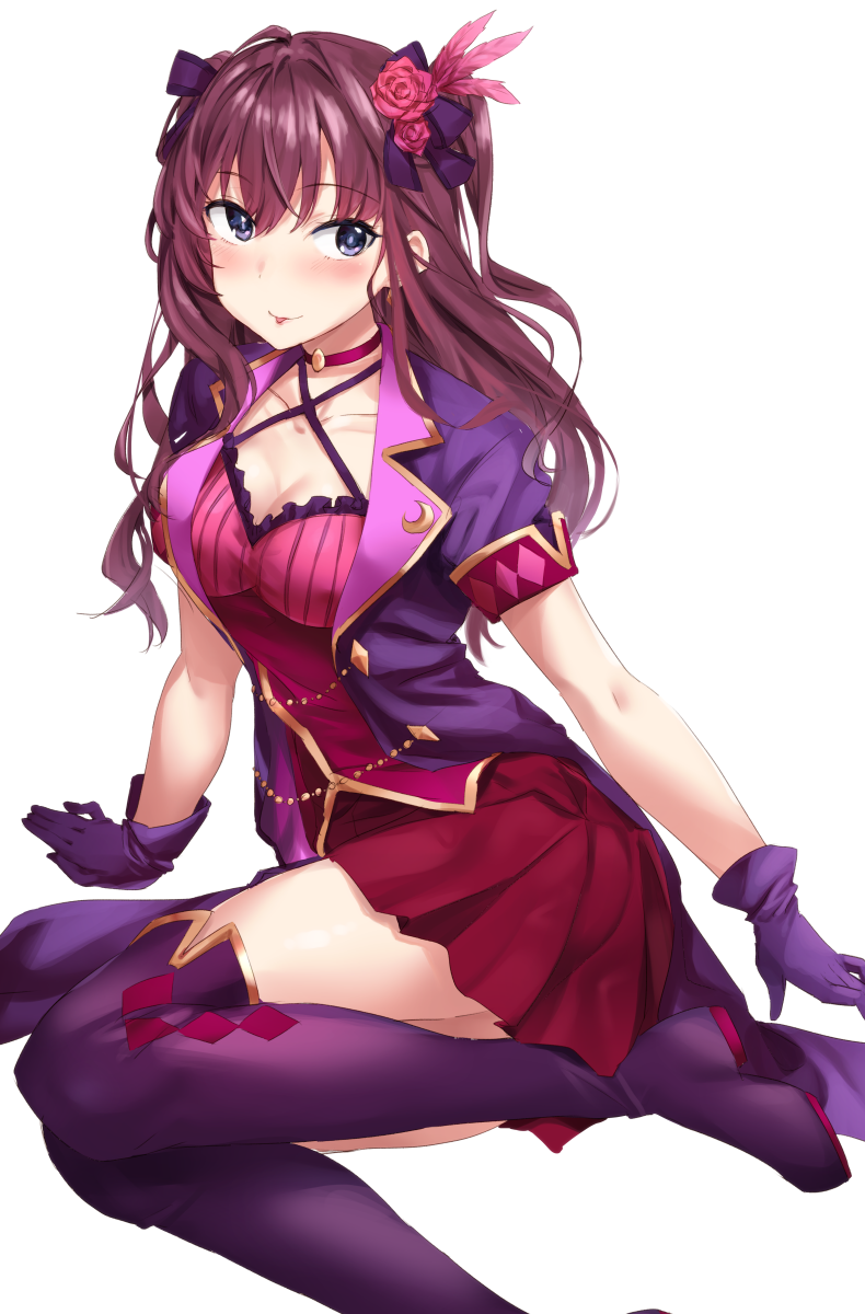 :p blue_eyes breasts brown_hair bvucki36gzoeq1c choker cleavage gloves hair_ornament highres ichinose_shiki idolmaster idolmaster_cinderella_girls long_hair medium_breasts simple_background sketch solo thighhighs tongue tongue_out tulip_(idolmaster) two_side_up wavy_hair white_background