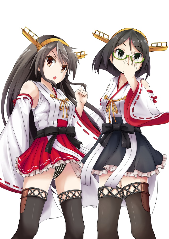 adjusting_eyewear bassa black_bow black_hair black_legwear black_panties black_skirt bow brown_eyes commentary detached_sleeves eyebrows_visible_through_hair glasses grey_eyes grey_hair hairband haruna_(kantai_collection) kantai_collection kirishima_(kantai_collection) long_hair long_sleeves looking_at_viewer multiple_girls nontraditional_miko panties red_skirt remodel_(kantai_collection) semi-rimless_eyewear short_hair skirt striped striped_panties thighhighs underwear white_panties