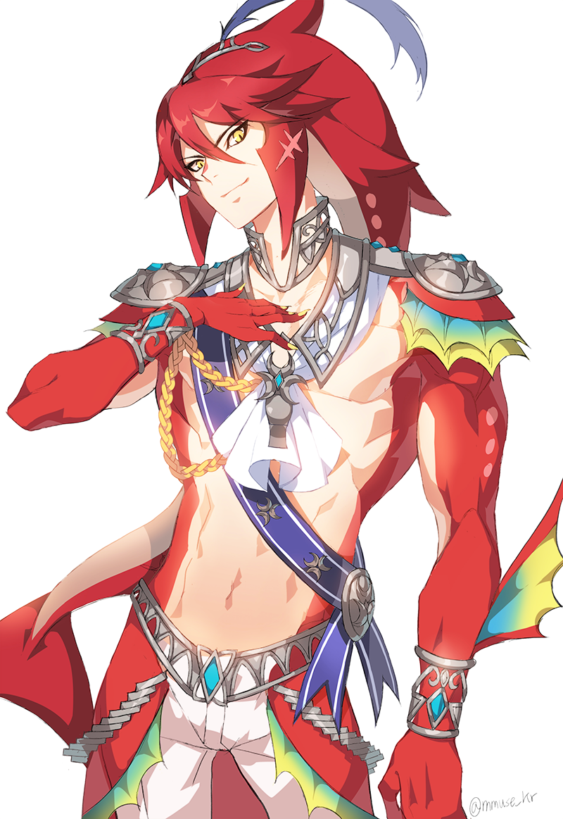 abs bangs bare_chest fins fishman gem hair_ornament hand_on_own_chest humanization jewelry looking_at_viewer male_focus monster_boy muscle muse_(rainforest) pants red_hair scar sharp_toenails shirtless shoulder_pads sidon simple_background slit_pupils smile solo the_legend_of_zelda the_legend_of_zelda:_breath_of_the_wild toenails white_background yellow_eyes zora