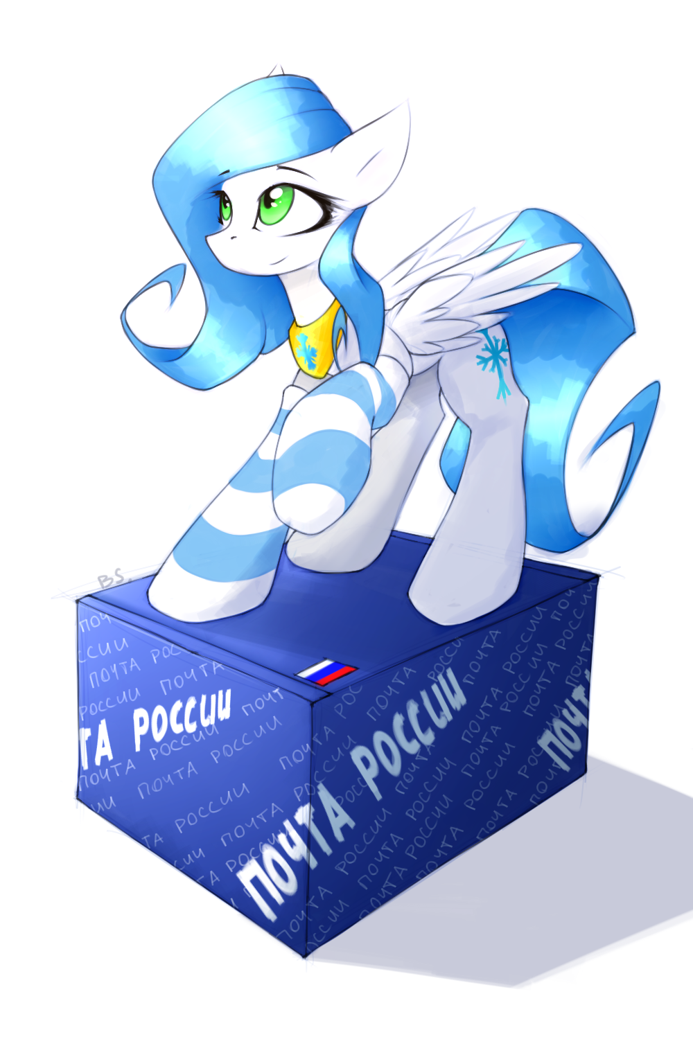 blue_hair clothing cutie_mark equine eyelashes fan_character feathers female feral fur hair legwear mammal my_little_pony pegasus queenbloodysky simple_background smile socks solo white_background white_feathers white_fur wings