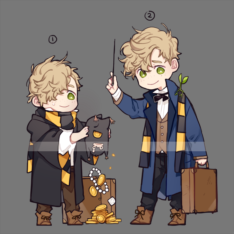 age_comparison blonde_hair bowtruckle briefcase coin fantastic_beasts_and_where_to_find_them freckles full_body gem green_eyes grey_background hair_over_one_eye hogwarts_school_uniform jewelry multiple_boys necklace newt_scamander niffler pearl_necklace protected_link scarf school_uniform simple_background sonnet_form wand younger