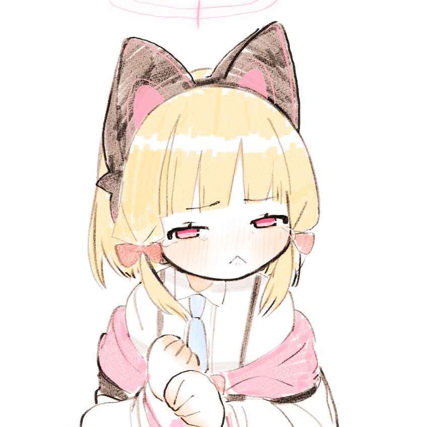 1girl :< animal_ear_headphones animal_ears blonde_hair blue_archive blue_necktie blush cat_ear_headphones closed_mouth collared_shirt fake_animal_ears frown half-closed_eyes halo headphones hood hooded_jacket jacket looking_at_viewer low_twintails momoi_(blue_archive) necktie off_shoulder pink_eyes pink_halo sad shinbashi_seiji shirt short_hair simple_background sketch solo tears twintails upper_body white_background white_jacket white_shirt