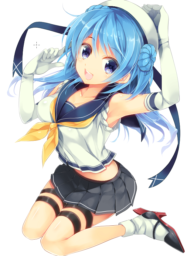 :d ariko_youichi blue_eyes blue_hair breasts cleavage double_bun elbow_gloves gloves hat kantai_collection large_breasts long_hair looking_at_viewer neckerchief open_mouth pleated_skirt sailor_hat school_uniform serafuku skirt sleeves_rolled_up smile solo urakaze_(kantai_collection) white_background white_hat white_legwear yellow_neckwear