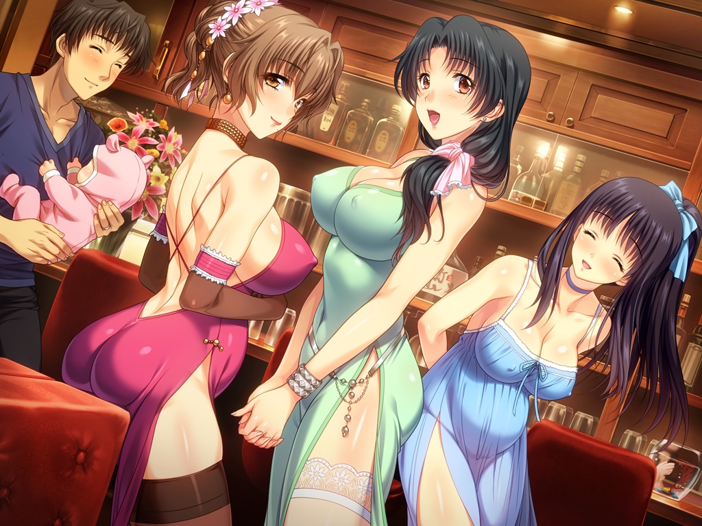 3girls arms_behind_back asatsuyu_sayoko ass baby black_hair bracelet breasts brown_hair brown_legwear choker cleavage closed_eyes covered_nipples dress elbow_gloves flower gloves hair_flower hair_ornament hands_together high_ponytail indoors jewelry jinno_ai kuroda_akimi large_breasts long_hair looking_at_viewer low-tied_long_hair multiple_girls natsuki_akito natsuki_miyuri open_mouth pregnant red_eyes thighhighs tsumamigui_3 updo v_arms white_hair yellow_eyes