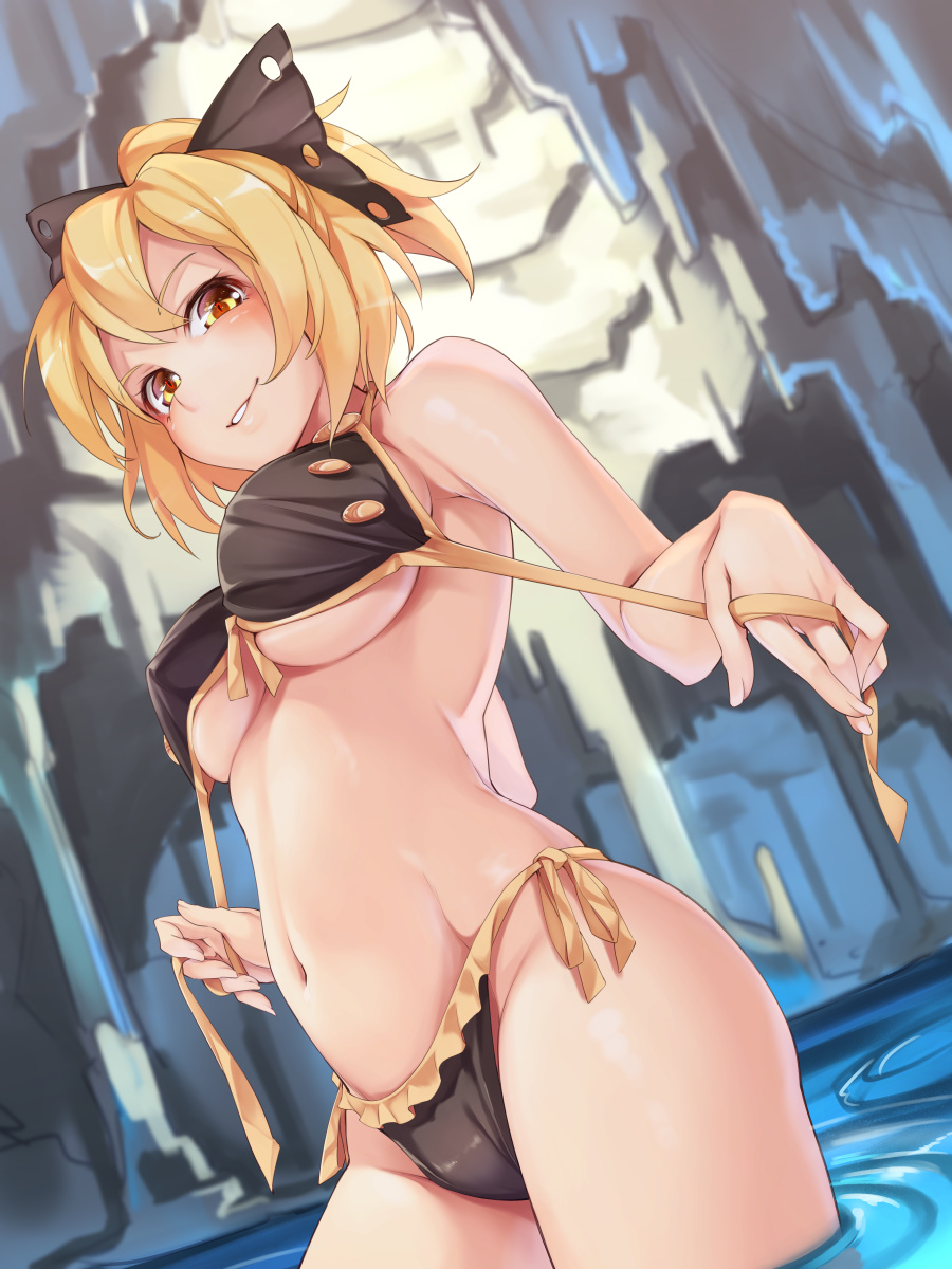 adapted_costume asutora bare_arms bare_legs bare_shoulders bikini black_bikini black_bow blonde_hair blush bow breasts cowboy_shot frilled_bikini frills groin hair_bow highres kurodani_yamame large_breasts looking_at_viewer navel parted_lips ponytail red_pupils seductive_smile short_hair side-tie_bikini smile solo stomach strap_pull swimsuit touhou underboob untied untied_bikini wading water yellow_eyes