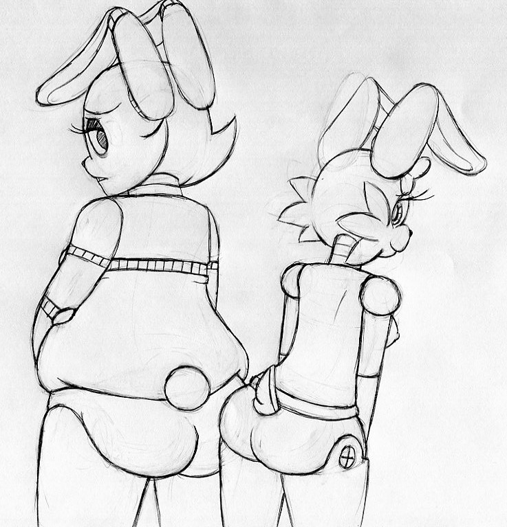 2015 animatronic anthro black_and_white bonnie_(fnaf) breasts butt crossgender duo ear_bow female five_nights_at_freddy's inkyfrog lagomorph leaning_forwards looking_at_viewer looking_back machine mammal monochrome nipples rabbit rear_view robot simple_background slightly_chubby traditional_media_(artwork) video_games white_background