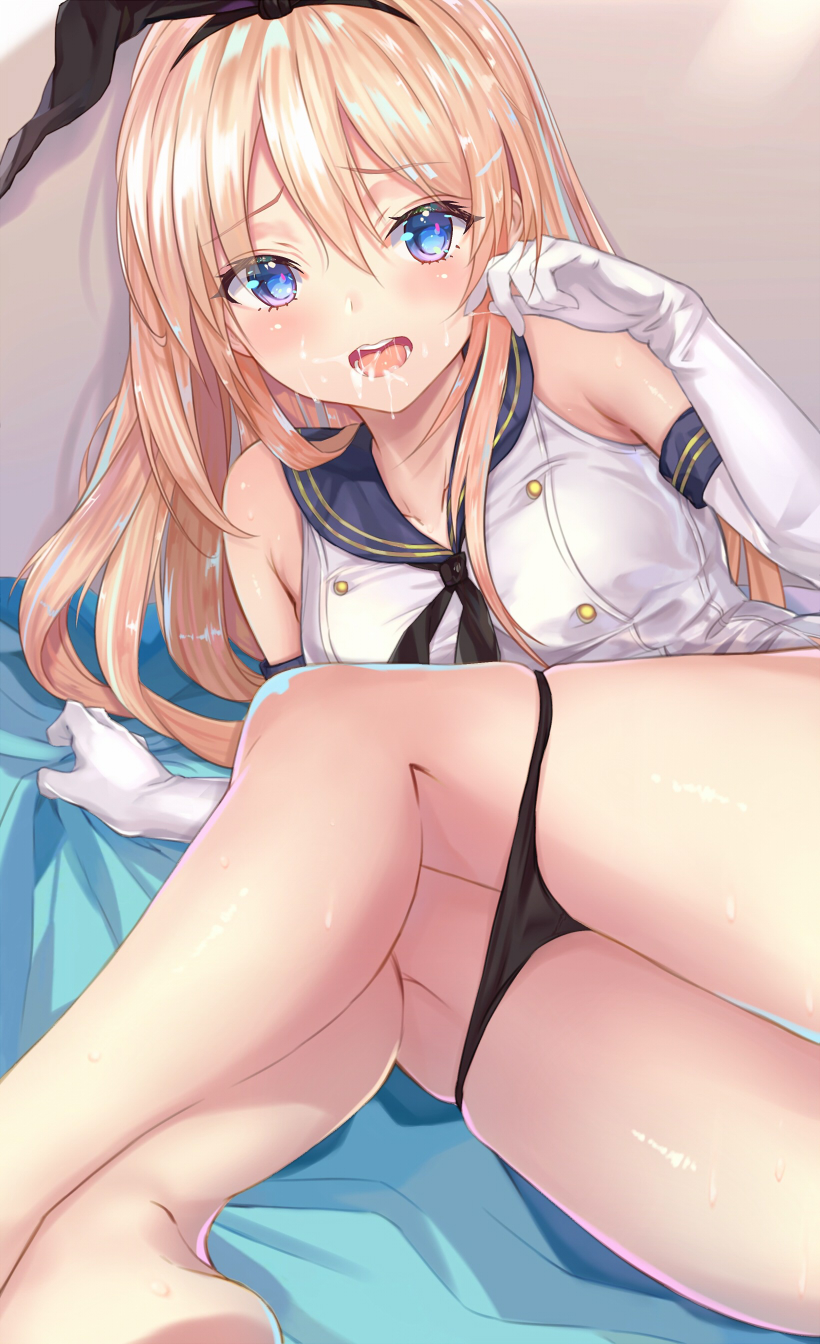 aimee_(emi) bare_shoulders bed_sheet black_panties blonde_hair breasts crop_top detached_sleeves elbow_gloves from_behind gloves grey_eyes hair_between_eyes hairband highleg highleg_panties highres kantai_collection legwear_removed long_hair looking_at_viewer lying on_side open_mouth out_of_frame panties panty_pull school_uniform serafuku sheet_grab shimakaze_(kantai_collection) small_breasts solo suggestive_fluid thighs underwear white_gloves