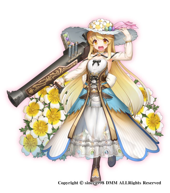:d black_bow blonde_hair boots bow detached_sleeves dress flower flower_knight_girl full_body gun happy hat holding holding_weapon limnanthes_(flower_knight_girl) long_hair looking_at_viewer nakaishow object_namesake official_art open_mouth orange_eyes see-through smile solo standing weapon white_background white_dress