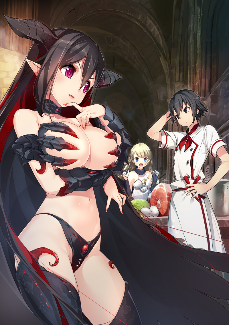 &gt;:) 2girls armor bare_shoulders bikini bikini_armor black_bikini black_hair black_legwear blush breasts bridal_gauntlets cabbage cape chef chef_uniform cleavage collarbone commentary cowboy_shot demon_girl demon_horns egg fang food green_eyes hair_between_eyes highleg highleg_bikini horns indoors large_breasts long_hair looking_at_another maoujou_no_chef meat multiple_girls nail_polish navel official_art open_mouth parted_lips pointy_ears purple_eyes red_nails revealing_clothes short_sleeves silver_hair smile swimsuit thighhighs v-shaped_eyebrows vambraces yamacchi