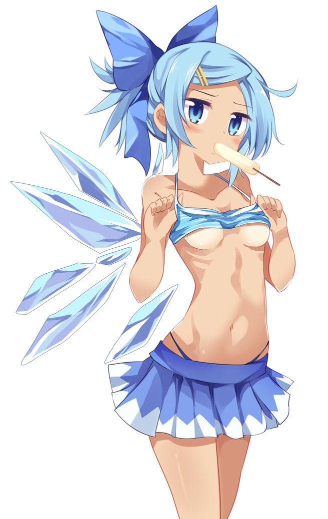 alternate_hairstyle bangs bare_arms bare_legs bare_shoulders bikini bikini_lift bikini_skirt black_bikini_bottom blue_bikini_top blue_bow blue_skirt blush bow breasts cirno collarbone commentary detached_wings eating eyelashes fairy_wings food hair_bow hair_ornament hairclip head_tilt hidden_star_in_four_seasons highleg highleg_bikini ice ice_wings legs_together lifted_by_self looking_at_viewer maturiuta_sorato microskirt miniskirt mismatched_bikini mouth_hold navel pleated_skirt ponytail popsicle revealing_clothes short_ponytail simple_background skirt small_breasts solo standing stomach strap_gap swept_bangs swimsuit tan tanned_cirno thong touhou underboob white_background wings
