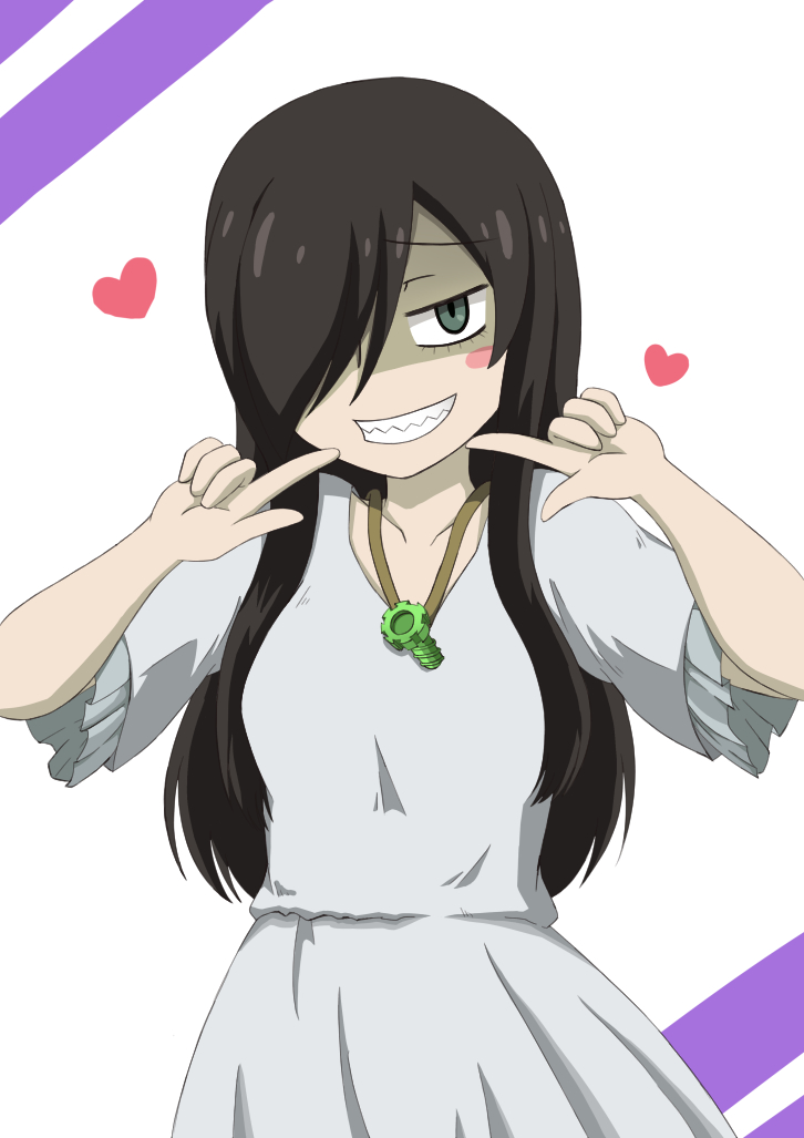 black_hair commentary_request dress green_eyes hair_over_one_eye heart heybot! jewelry johnny_(seek_as_1990sp) long_hair necklace nejiyanagi_yuuko pale_skin pointing pointing_at_self screw sharp_teeth short_sleeves smile solo teeth