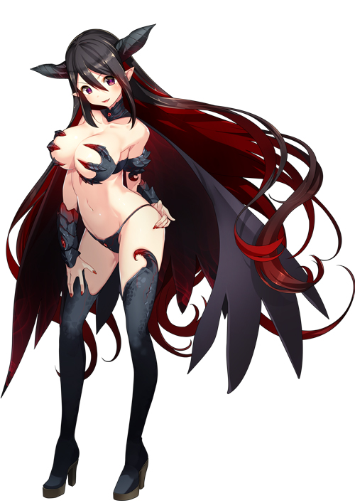 &gt;:) armor bare_shoulders bikini bikini_armor black_bikini black_footwear black_hair black_legwear blush boots breasts cape cleavage collarbone commentary_request demon_girl demon_horns full_body hair_between_eyes high_heel_boots high_heels highleg highleg_bikini horns large_breasts long_hair looking_at_viewer maoujou_no_chef multicolored_hair nail_polish official_art parted_lips pointy_ears red_hair red_nails revealing_clothes sidelocks smile solo swimsuit thigh_boots thighhighs two-tone_hair v-shaped_eyebrows very_long_hair yamacchi