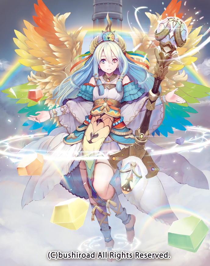 bare_shoulders barefoot barefoot_sandals blue_eyes blue_hair cardfight!!_vanguard company_name crown feathered_wings full_body gem goddess_of_seven_colors_iris heterochromia jewelry long_hair magic_circle official_art red_eyes ring saitou_takeo solo staff teeth wings