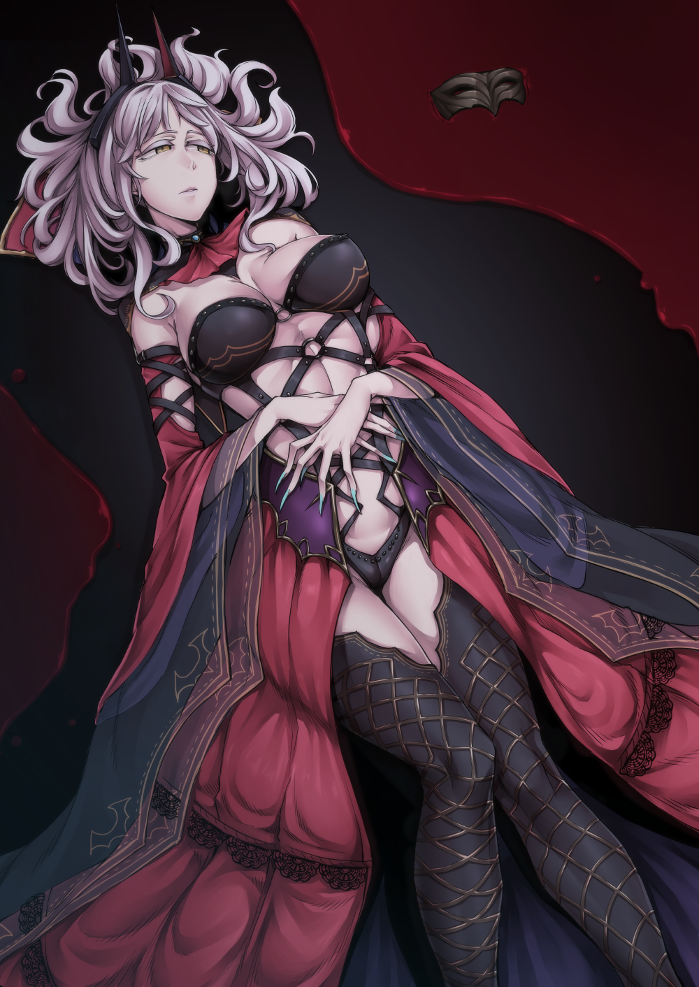 blood breasts carmilla_(fate/grand_order) dress fate/grand_order fate_(series) fingernails hands_on_own_stomach headgear highres large_breasts long_fingernails long_hair looking_to_the_side lying mask nakamura_regura on_back revealing_clothes silver_hair solo supportasse thighhighs yellow_eyes