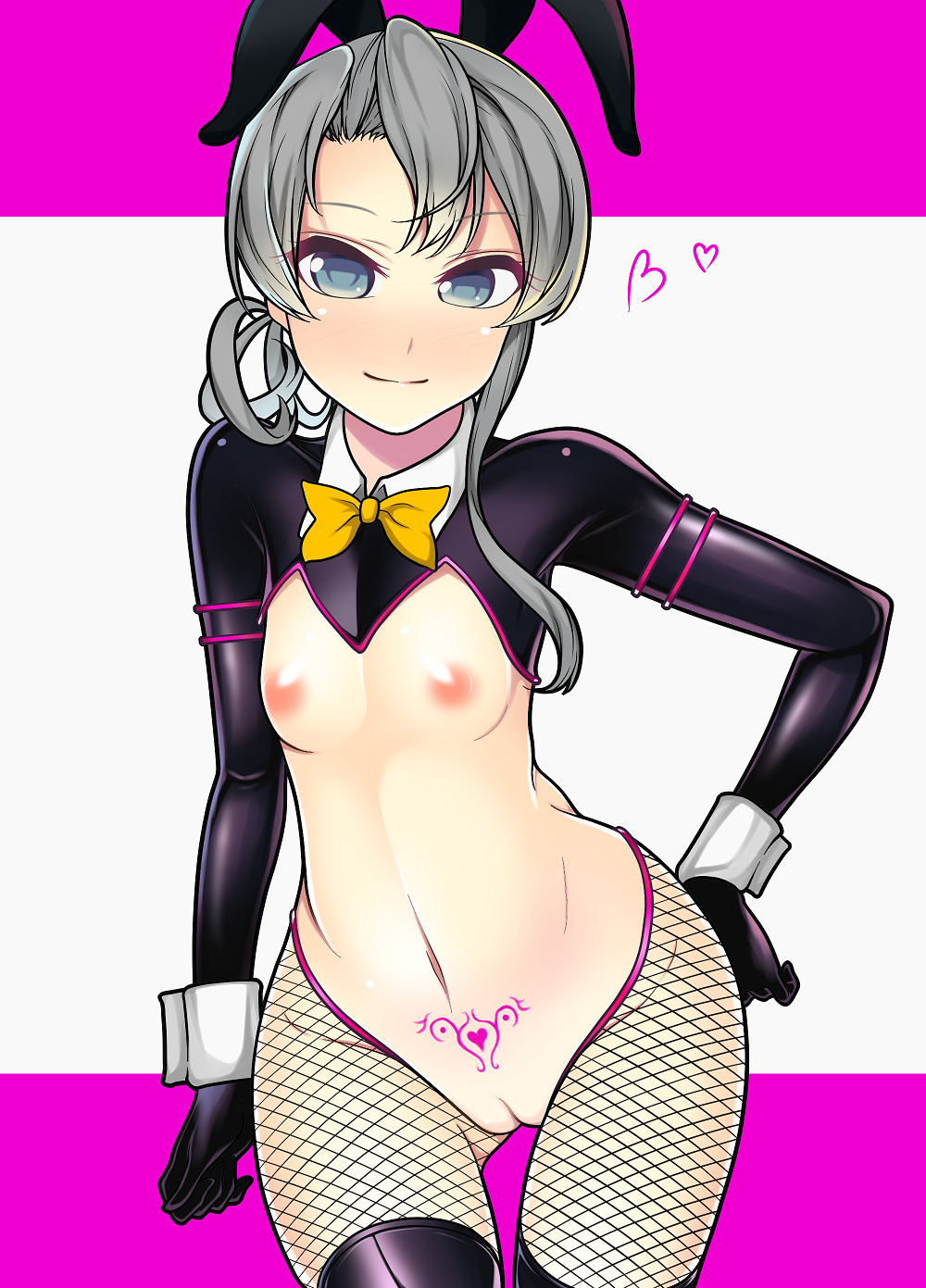 animal_ears bad_id bad_pixiv_id black_triangle_(artist) blue_eyes blush bodysuit bow bowtie breasts bunny_ears cameltoe cleft_of_venus commentary_request corruption crotchless_clothes fishnet_pantyhose fishnets grey_hair hand_on_hip heart highres kantai_collection looking_at_viewer navel nipples nowaki_(kantai_collection) pantyhose pubic_tattoo pussy revealing_clothes side_ponytail sidelocks simple_background small_breasts solo tattoo thighhighs wrist_cuffs