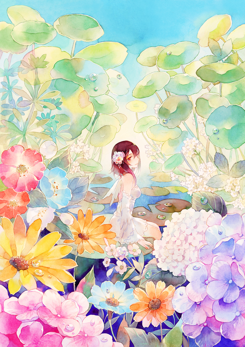 blue_sky breasts day detached_sleeves dress flower hair_flower hair_ornament leaf lily_pad medium_hair muta nature plant red_eyes red_hair rei_(456789io) scenery sitting sky solo traditional_media water water_drop watercolor_(medium) white_dress wings yan_xi