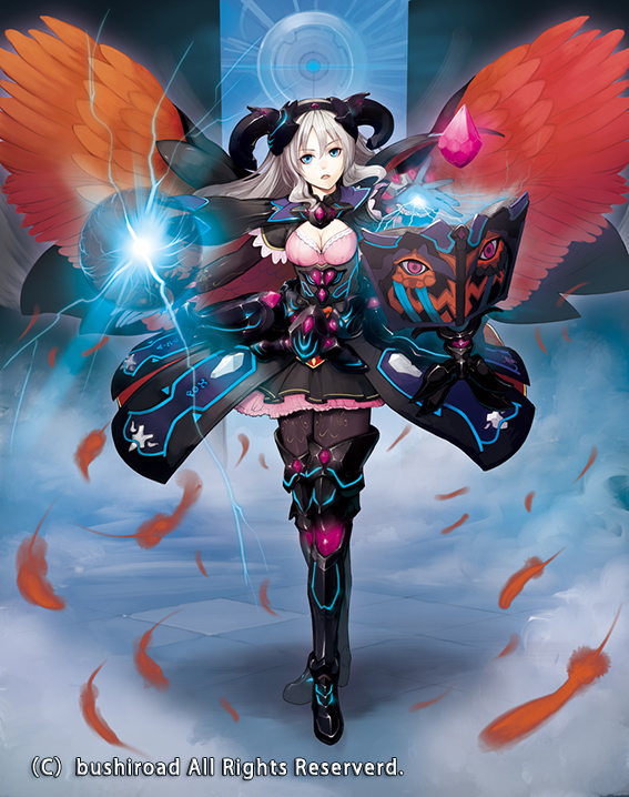 blue_eyes book boots breasts cardfight!!_vanguard cleavage company_name decipherer_of_prohibited_books electricity feathered_wings feathers full_body gem gloves grey_hair horns long_hair medium_breasts official_art open_mouth pantyhose saitou_takeo solo wings
