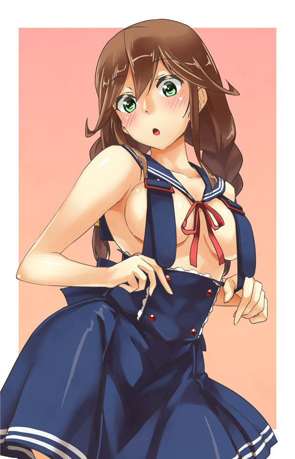 abo_(hechouchou) armpits blue_dress blush border braid breasts brown_hair collarbone dress green_eyes kantai_collection long_hair looking_at_viewer medium_breasts noshiro_(kantai_collection) open_mouth outside_border pink_background revealing_clothes sailor_collar sideboob simple_background solo strap_pull striped striped_dress twin_braids upper_body white_border