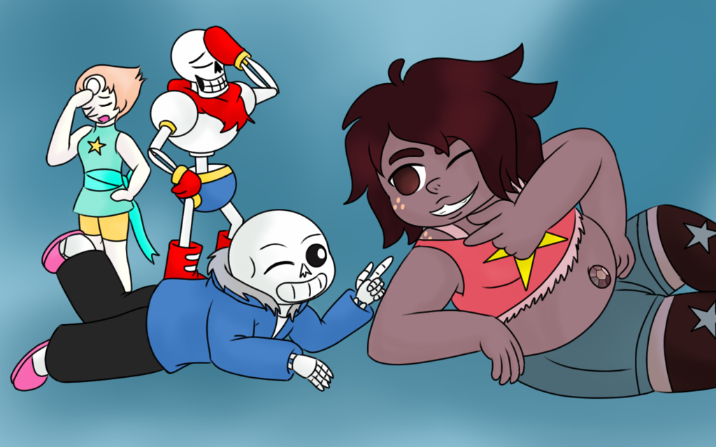 5_fingers alien animated_skeleton blue_background bone breasts brown_eyes brown_hair cartoon_network clothed clothing duo_focus eyes_closed facepalm female freckles fusion gem group hair humanoid jolliapplegirl lying male multi_arm multi_limb not_furry on_front on_side one_eye_closed open_mouth papyrus_(undertale) pearl_(steven_universe) sans_(undertale) simple_background skeleton smile star steven_universe tan_hair teeth undead undertale video_games wink