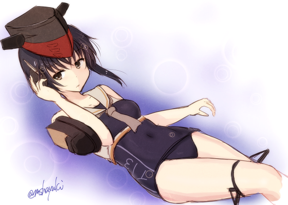 asymmetrical_hair bare_arms bare_shoulders black_hair brown_eyes clothes_writing hair_between_eyes hand_on_headphones hat headphones i-13_(kantai_collection) kantai_collection mashayuki sailor_collar school_swimsuit short_hair solo swimsuit twitter_username