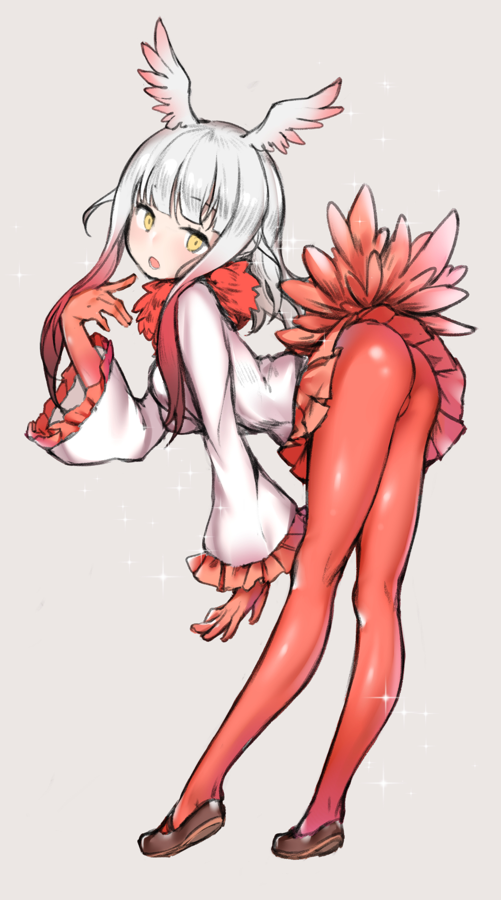 :o ass bangs bent_over bird_tail blunt_bangs blush breasts coat eyebrows_visible_through_hair finger_to_mouth frilled_sleeves frills full_body fur_collar gloves gradient_hair grey_background head_wings highres japanese_crested_ibis_(kemono_friends) kemono_friends legs legs_apart long_sleeves looking_at_viewer mary_janes medium_breasts medium_hair miniskirt multicolored_hair open_mouth pantyhose pleated_skirt red_gloves red_legwear red_skirt shiny shiny_hair shoes sidelocks simple_background skirt solo sparkle standing sunege_(hp0715) tsurime two-tone_hair white_hair wide_sleeves yellow_eyes
