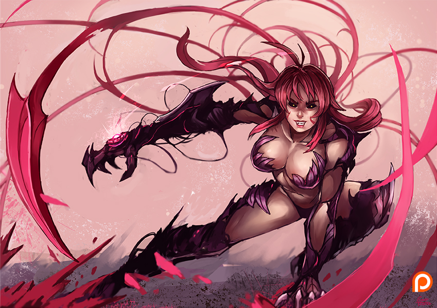 amaha_masane antenna_hair armor black_sclera breasts claws cleavage evil_grin evil_smile grin kachima large_breasts long_hair patreon_logo red_hair smile solo witchblade yellow_eyes
