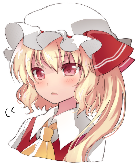 asa_(coco) ascot asymmetrical_hair blonde_hair blush colored_eyelashes eyebrows_visible_through_hair face flandre_scarlet hat hat_ribbon mob_cap open_mouth pink_eyes portrait red_eyes ribbon shirt side_ponytail simple_background solo touhou vest white_background