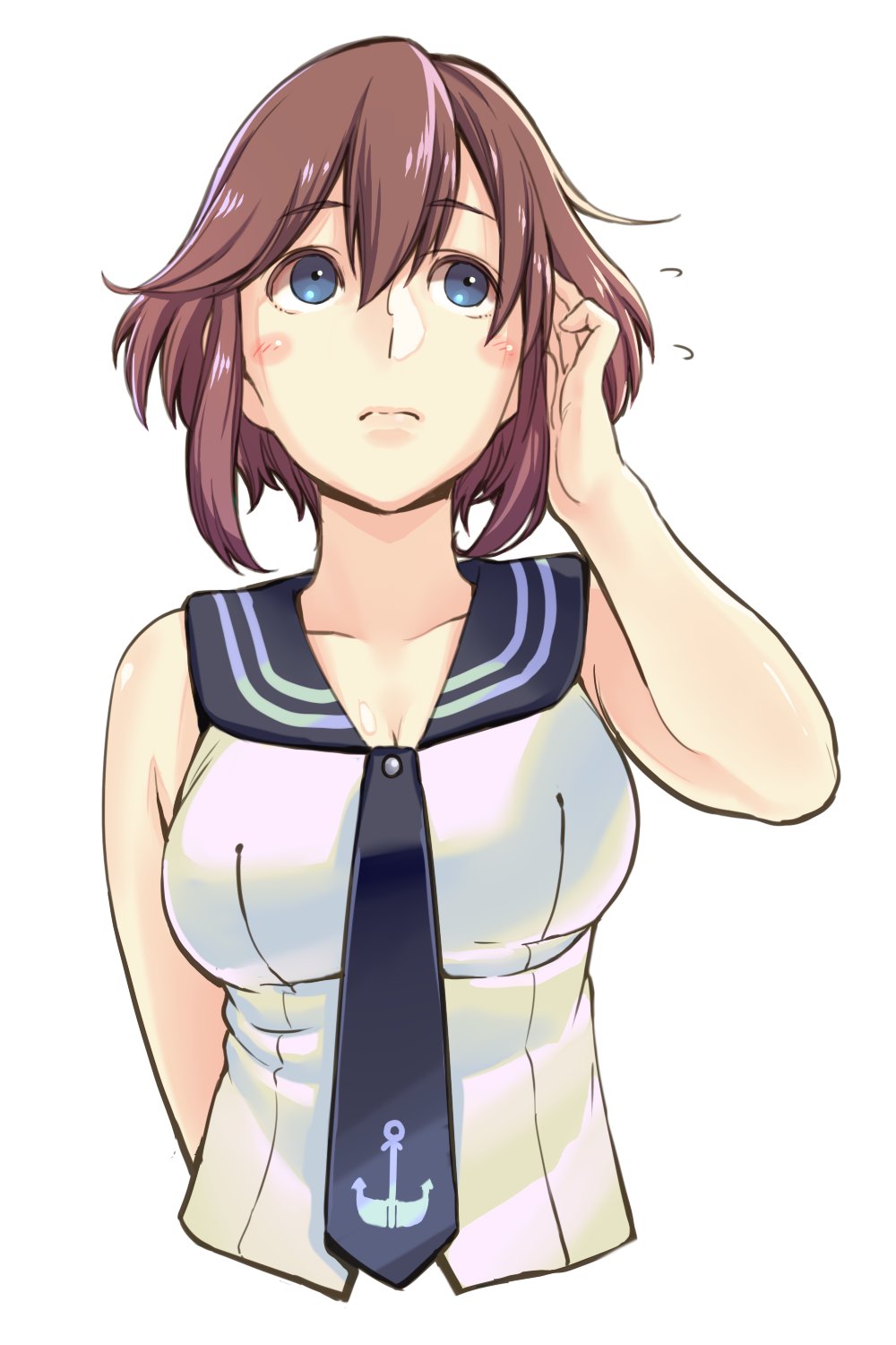 alternate_hairstyle bad_id bad_twitter_id blue_eyes breasts brown_hair cleavage eyebrows_visible_through_hair flying_sweatdrops hair_between_eyes hair_tucking highres kantai_collection large_breasts looking_away no_legs noshiro_(kantai_collection) sailor_collar short_hair simple_background solo upper_body uyama_hajime white_background