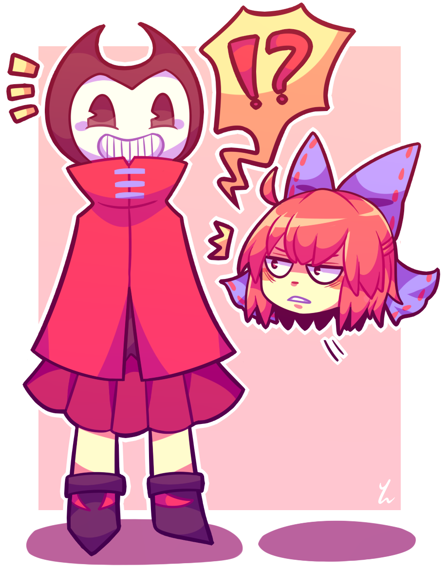 1boy 1girl bendy_and_the_ink_machine crossover demon grin red_hair sekibanki touhou