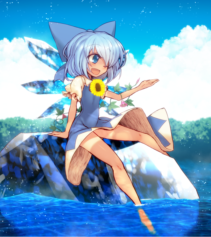 ;d bare_legs barefoot blue_dress blue_eyes blue_hair blush bow cirno dress flower full_body hair_bow hidden_star_in_four_seasons ice ice_wings kuresento lake large_bow legs long_legs on_rock one_eye_closed open_mouth plant puffy_short_sleeves puffy_sleeves short_hair short_sleeves sitting smile soaking_feet solo sunflower tan tanline tanned_cirno touhou vines water wings