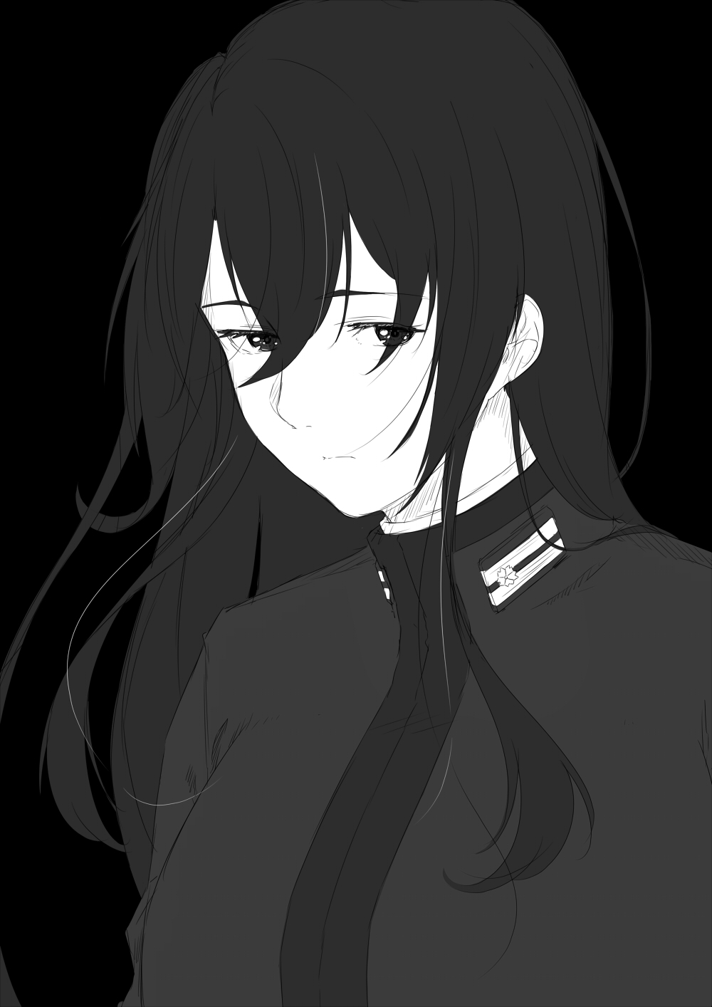 1girl black_background eyes_visible_through_hair female_admiral_(kantai_collection) frown hair_between_eyes highres jacket kantai_collection long_hair military military_uniform monochrome narrowed_eyes niwatazumi sidelocks simple_background solo tatebayashi_sakurako uniform upper_body