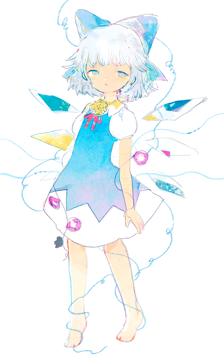 anabone arms_at_sides barefoot blue_dress cirno dress flower full_body hair_ribbon half-closed_eyes hidden_star_in_four_seasons ice ice_wings light_blue_hair looking_at_viewer plant puffy_short_sleeves puffy_sleeves ribbon shirt short_dress short_hair short_sleeves simple_background solo tanned_cirno touhou vines white_background white_shirt wings