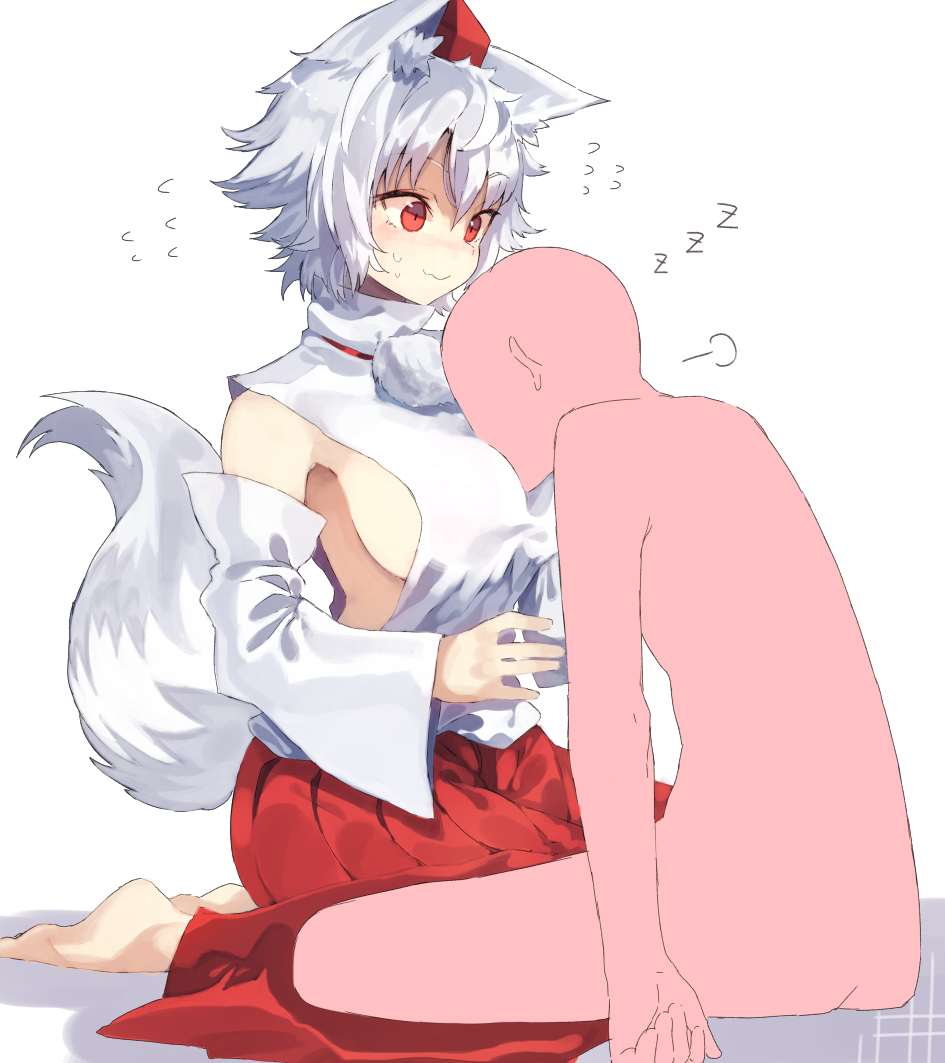 1girl :3 animal_ears barefoot breast_pillow breast_smother breasts closed_mouth clothed_female_nude_male commentary_request detached_sleeves flying_sweatdrops from_side hakama hat inubashiri_momiji japanese_clothes kasuka_(kusuki) large_breasts long_sleeves looking_at_another no_bra nude pom_pom_(clothes) red_eyes red_hakama seiza shirt short_hair sideboob sitting sleeping sleeping_on_person sleeping_upright sleeveless sleeveless_shirt smile tail tokin_hat touhou white_hair wide_sleeves wolf_ears wolf_tail zzz