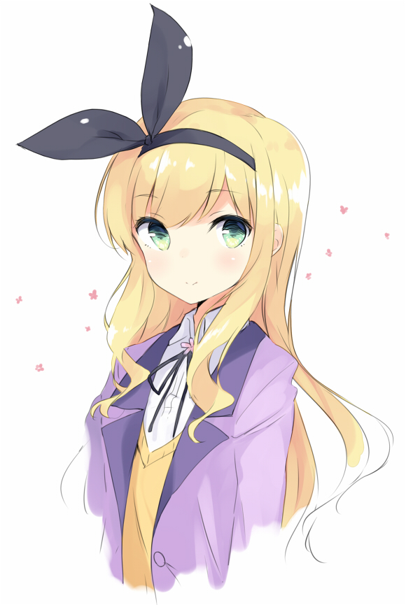 :&gt; bangs black_bow blazer blonde_hair blush bow closed_mouth collared_shirt commentary_request eyebrows_visible_through_hair green_eyes hair_bow hairband isurugi_mio jacket long_hair looking_at_viewer mimura_zaja mm! open_blazer open_clothes open_jacket shirt smile solo sweater upper_body v-neck wavy_hair white_shirt