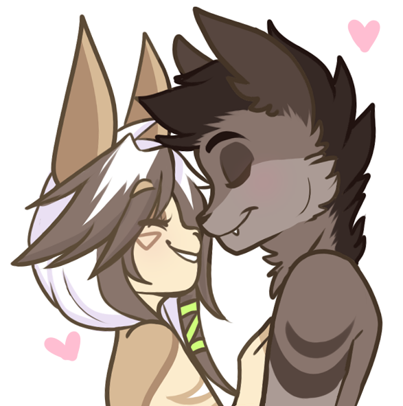 &lt;3 andogg anthro canine duo eyes_closed fangs female fur hair male male/female mammal nude simple_background smile teeth white_background