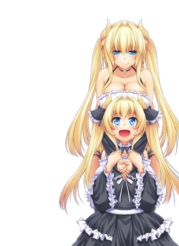 :d age_difference bangs bare_shoulders black_dress black_ribbon blonde_hair blue_eyes blush breasts choker cleavage closed_mouth collarbone cowboy_shot detached_sleeves dress frilled_dress frills hair_intakes hair_ribbon halterneck hands_clasped height_difference horns hug hug_from_behind large_breasts lolita_fashion long_hair long_sleeves looking_at_viewer miyashiro_sousuke multiple_girls open_mouth original own_hands_together ribbon sash siblings sisters smile twintails wide_sleeves wrist_grab