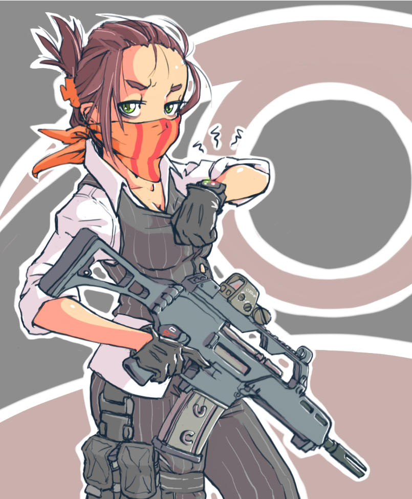 assault_rifle bandana_over_mouth black_gloves breasts cleavage commentary english_commentary exalt_operative folded_ponytail g36c gloves green_eyes gun jarv looking_at_viewer medium_breasts red_hair rifle sleeves_rolled_up striped_bandana trigger_discipline vest weapon x-com