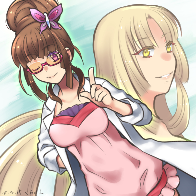 arm_up bangs beehive_hairdo blonde_hair brown_hair bug butterfly butterfly_hair_ornament collarbone dress eyebrows_visible_through_hair fine_(symphogear) glasses grin hair_ornament hime_cut index_finger_raised insect kurarin labcoat looking_at_viewer low_neckline multiple_girls one_eye_closed parted_bangs pink_dress pointing pointing_up purple_eyes red-framed_eyewear sakurai_ryouko semi-rimless_eyewear senki_zesshou_symphogear sidelocks sleeves_rolled_up smile teeth under-rim_eyewear upper_body yellow_eyes