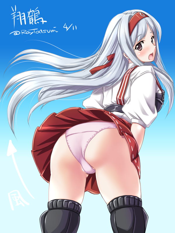 ass black_legwear blue_background blush brown_eyes character_name floating_hair from_behind gradient gradient_background hakama hakama_skirt japanese_clothes kantai_collection leaning_forward long_hair looking_at_viewer looking_back muneate open_mouth panties pantyshot pantyshot_(standing) partially_visible_vulva pink_panties shoukaku_(kantai_collection) skindentation skirt skirt_lift solo standing tatsumi_ray thighhighs thighs twitter_username underwear white_hair wind wind_lift
