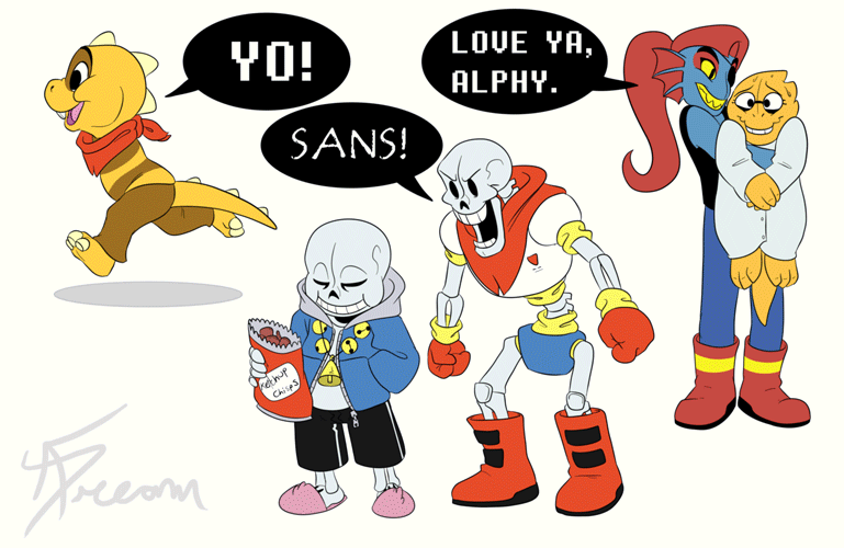 2017 absolutedream alphys animated animated_skeleton anthro armless bell_necklace blush bone clothing eating eye_patch eyewear female female/female fish food glasses hair kissing lizard male marine papyrus_(undertale) reptile running sans_(undertale) scalie skeleton undead undertale undyne video_games
