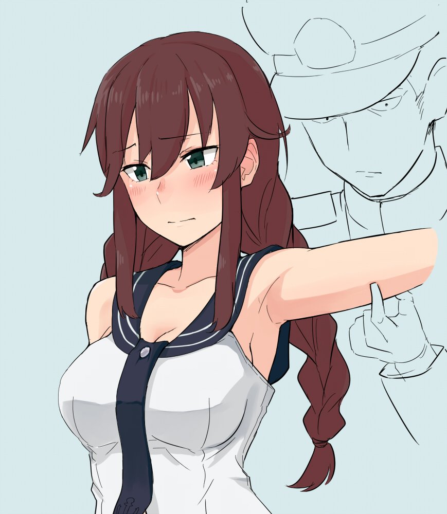 1girl admiral_(kantai_collection) arm_up armpits blue_background braid breasts brown_hair cleavage green_eyes hair_between_eyes kantai_collection large_breasts noshiro_(kantai_collection) pinching sailor_collar sidelocks simple_background tsurugi_muda twin_braids