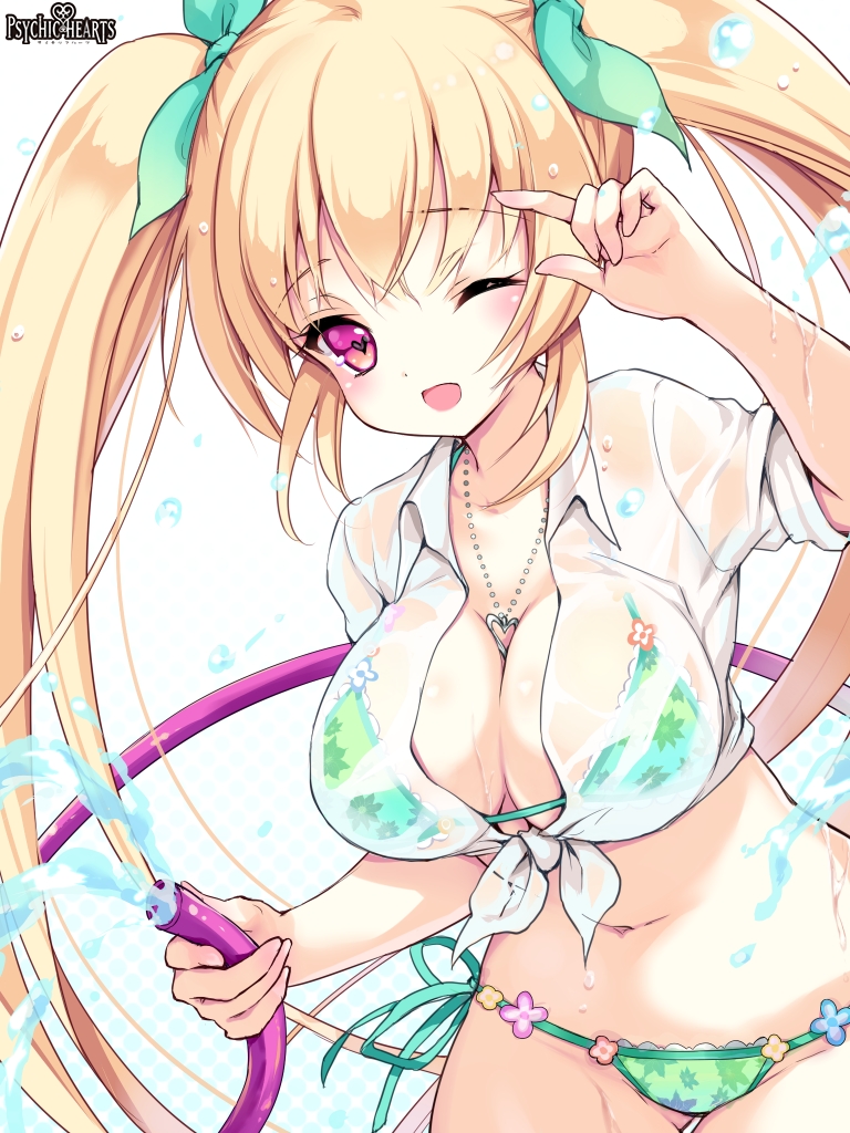 1girl asasaki_sayas big_breasts bikini blonde_hair blush cleavage collarbone holding_object jewelry kanae_iyori light_background long_hair looking_at_viewer midriff navel necklace open_mouth psychic_hearts purple_eyes simple_background solo swimwear twintails water wet white_background wink