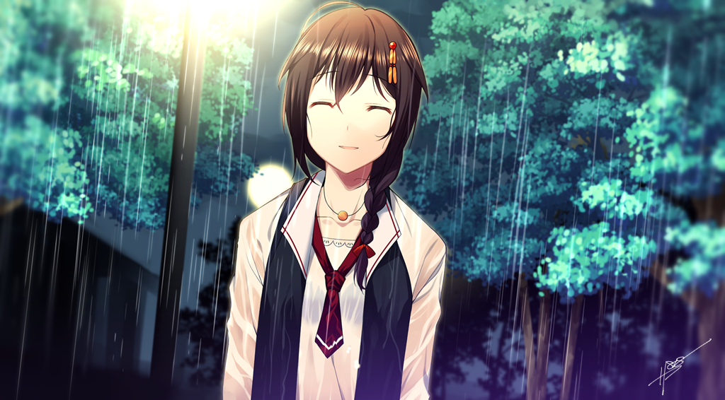 :d ^_^ ahoge backlighting bangs black_bra black_vest blurry bra braid brown_hair closed_eyes collarbone commentary depth_of_field dutch_angle facing_viewer hair_ornament hair_over_shoulder hair_ribbon hairpin jewelry kantai_collection lamppost long_hair long_sleeves necklace necktie night open_clothes open_mouth open_vest outdoors pendant rain red_neckwear red_ribbon remodel_(kantai_collection) ribbon sahuyaiya see-through shigure_(kantai_collection) shiny shiny_hair shirt signature single_braid smile solo tree underwear upper_body vest water wet wet_clothes wet_shirt white_shirt