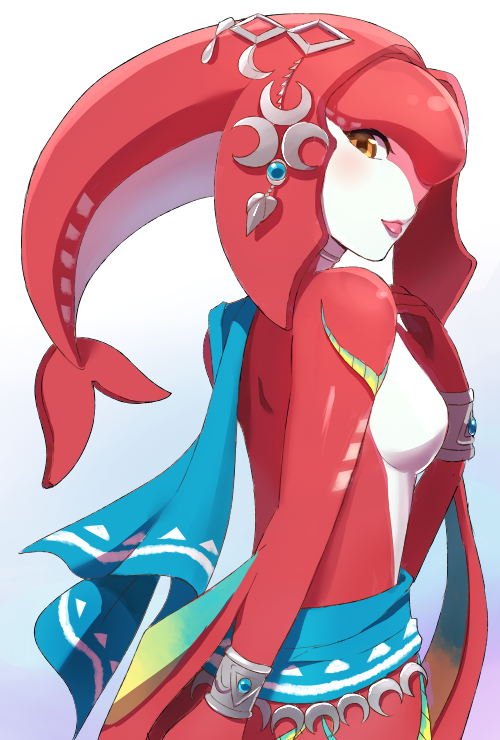 :p back bad_id bad_pixiv_id blush breasts cape fins fish_girl gem hair_ornament jewelry looking_at_viewer looking_back medium_breasts mipha multicolored multicolored_skin red_skin riko_(sorube) sideboob simple_background solo the_legend_of_zelda the_legend_of_zelda:_breath_of_the_wild tongue tongue_out vambraces white_background yellow_eyes zora