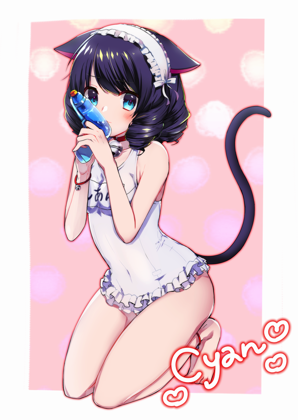 animal_ears anklet artist_name bad_id bad_pixiv_id bangs bare_arms bare_legs bare_shoulders barefoot bell bell_collar black_hair blue_eyes blush bracelet breasts cat_ears cat_tail character_name closed_mouth collar collarbone commentary_request covered_navel curly_hair cyan_(show_by_rock!!) drill_hair frilled_hairband frilled_sleeves frilled_swimsuit frills full_body hair_ribbon hairband heart holding jewelry jingle_bell kneeling legs_together lolita_hairband looking_at_viewer name_tag nontraditional_school_swimsuit one-piece_swimsuit pink_background red_collar revision ribbon school_swimsuit short_hair show_by_rock!! small_breasts solo swimsuit tail tareme tsunoshima_kujira w_arms water_gun white_hairband white_ribbon white_school_swimsuit white_swimsuit
